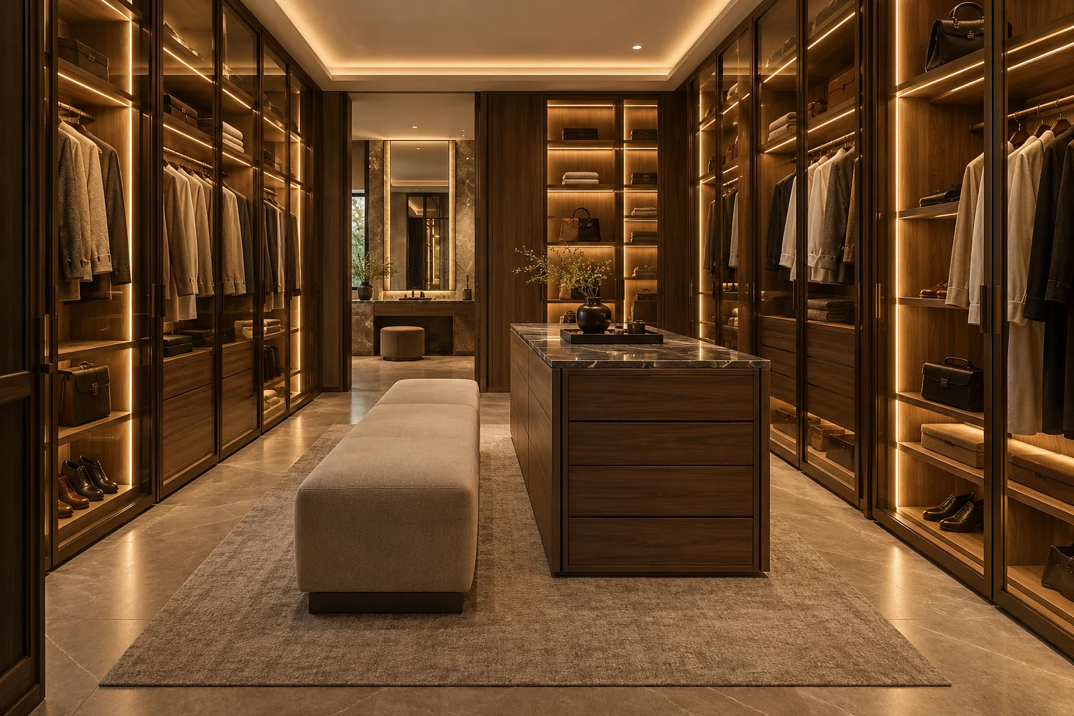 Closet conceitual com marcenaria em MDF, portas de vidro e perfis verticais de LED