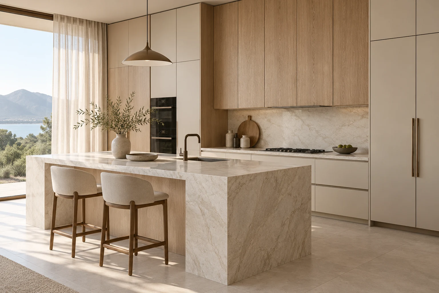 Cozinha conceitual sofisticada com MDF claro, ilha de pedra e luz natural, sem fitas de LED aparentes