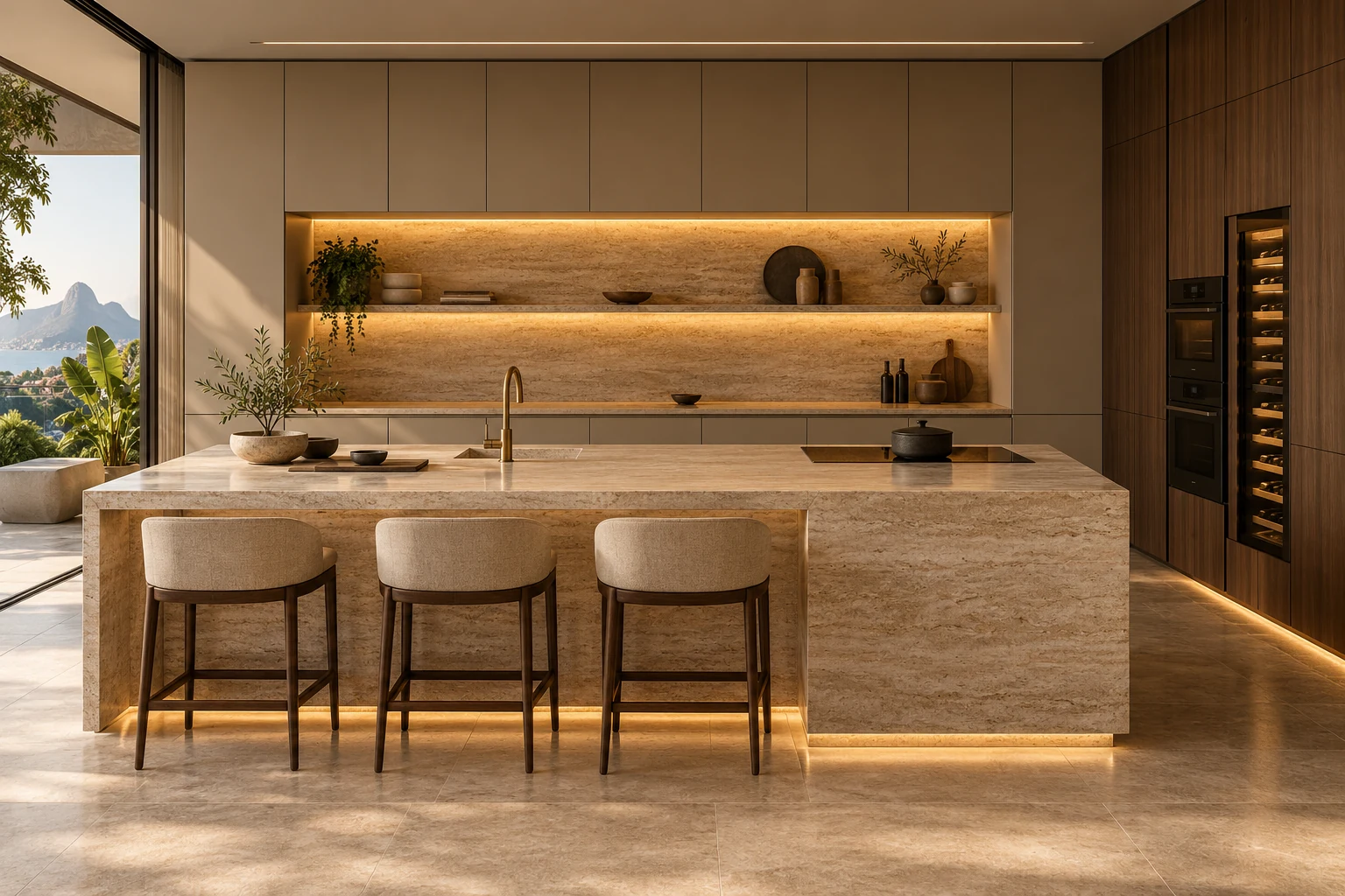 Cozinha conceitual com armários de MDF greige e amadeirado, ilha de pedra e iluminação LED