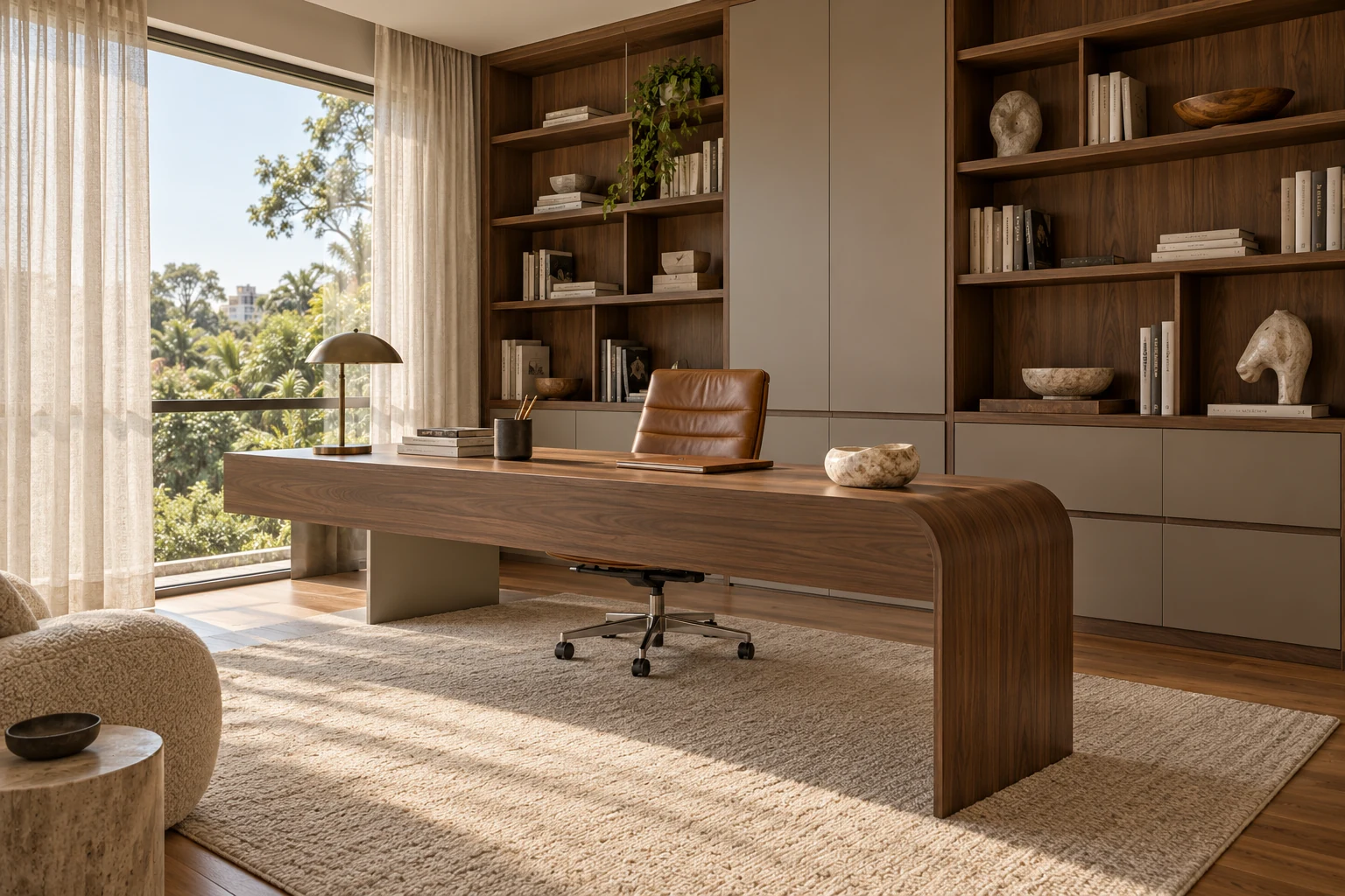 Escritório conceitual com bancada e estante em MDF, cadeira de couro e luz natural suave, sem excesso de LED
