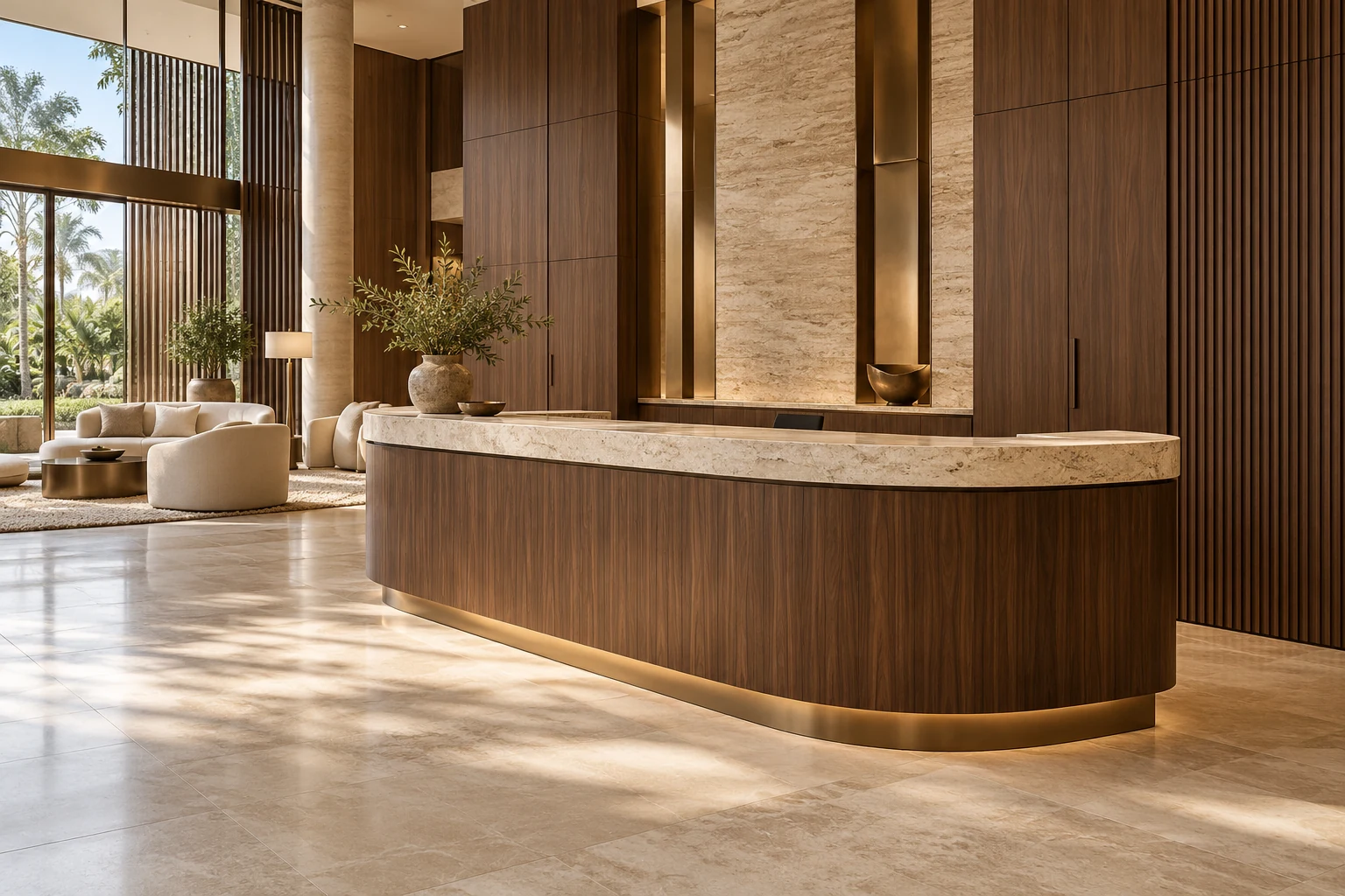 Recepção de hotel conceitual com balcão curvo em MDF amadeirado, tampo de pedra e painéis de alto padrão