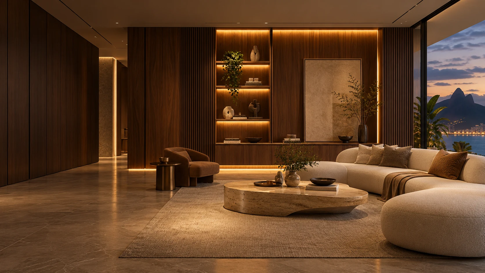 Conceito 3D de living com marcenaria em MDF amadeirado, nichos iluminados por LED e sofá em tons claros
