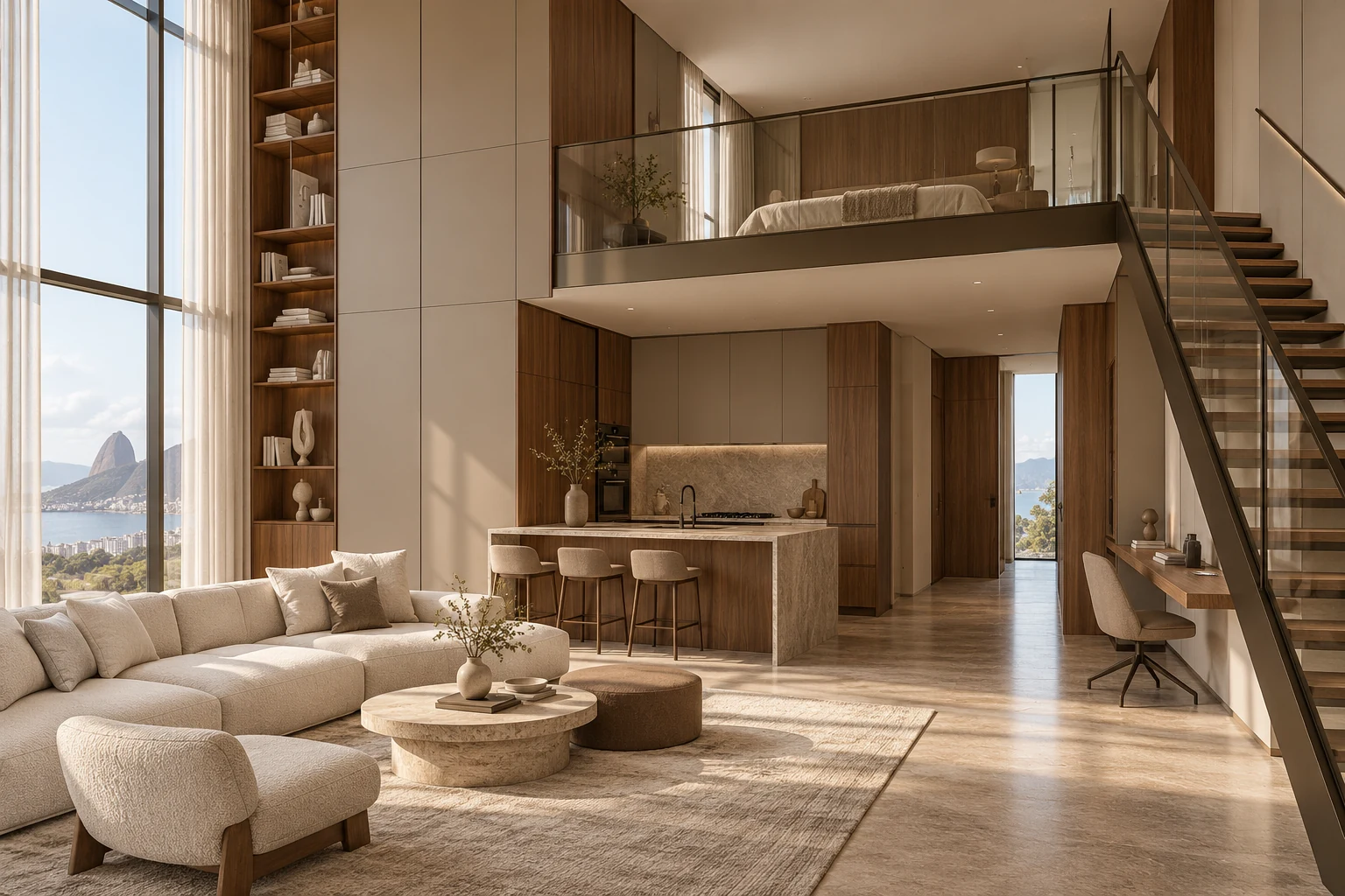 Loft conceitual com pé-direito duplo, mezanino e marcenaria em MDF integrando cozinha, living e escritório
